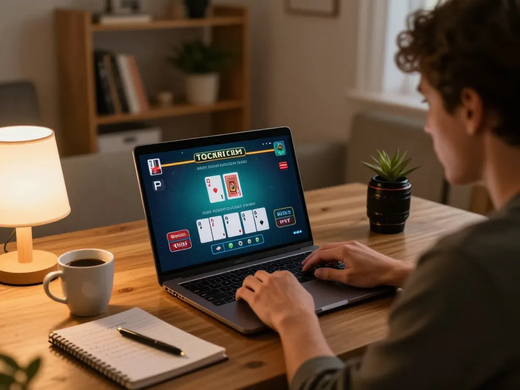 Player engaged in online blackjack at home, showcasing 388bet experience with laptop and strategy notes.