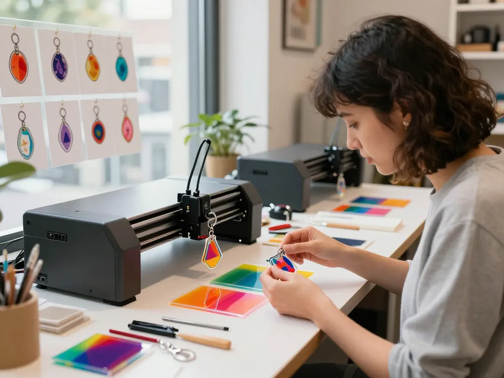 Acrylic keychain maker designing vibrant custom keychains in a modern studio.