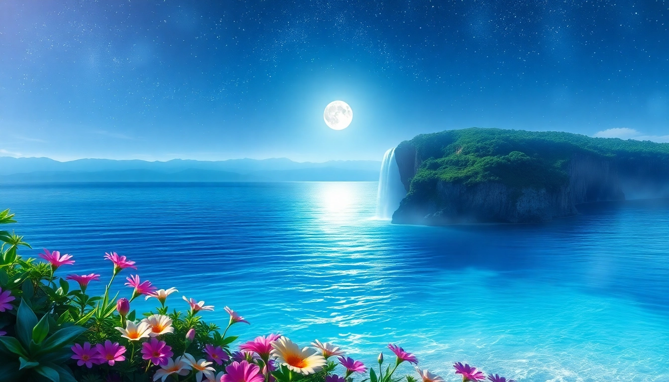 Step into a serene dreamscape with the seedream waterfall cascading into the ocean at night.