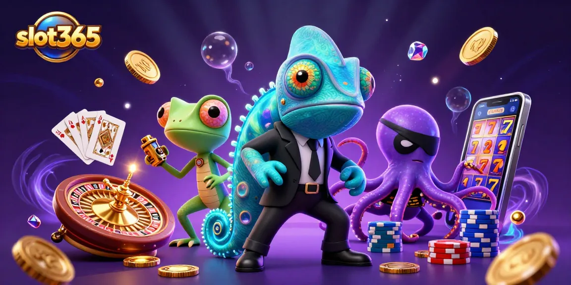 Play exciting games at slot365 with a vibrant scene of colorful characters and thrilling gambling elements.