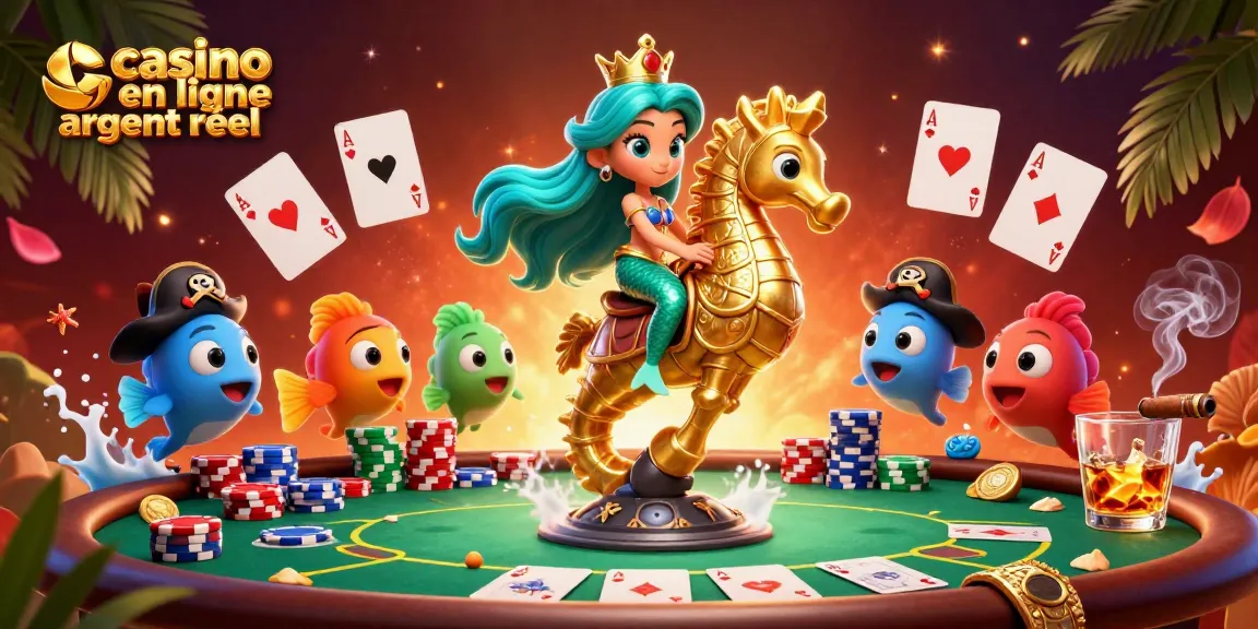 Illustration d'un casino en ligne argent réel avec une princesse sirène et un hippocampe géant.