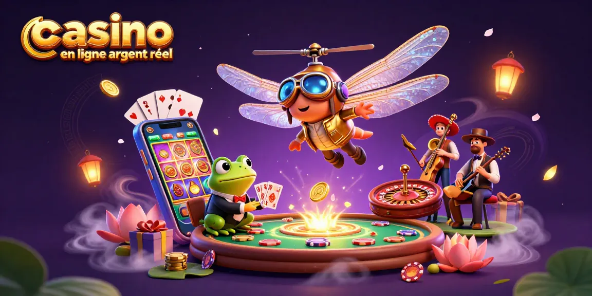 Jouer au casino en ligne argent réel avec un pilote de libellule et un croupier grenouille dans une scène colorée.