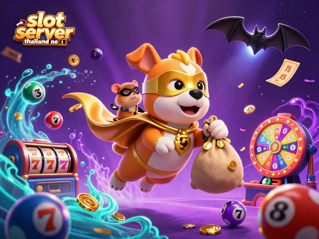 Join the excitement of slot server thailand no 1 with a vibrant illustration of a superhero dog and hamster amidst dynamic casino elements.