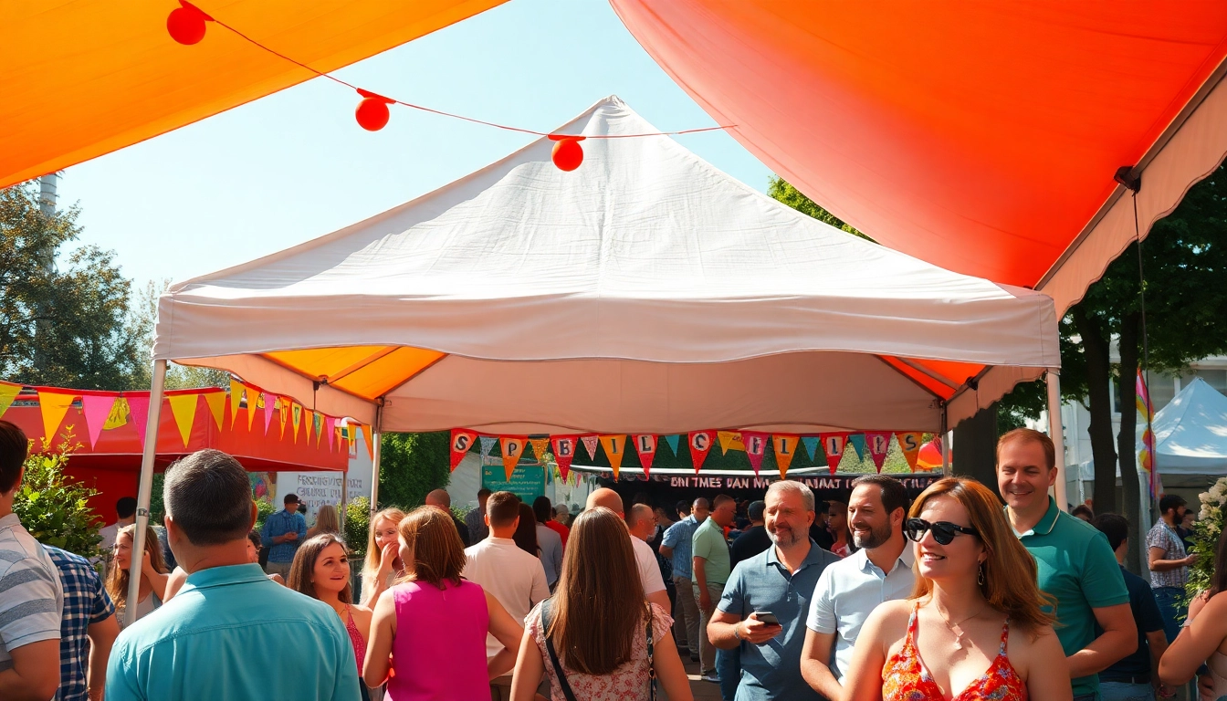 Set up a bright canopy tent at an outdoor festival with colorful decorations and happy attendees.