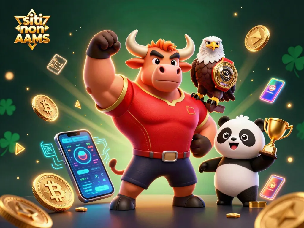 Gioca in siti non AAMS con una mascotte toro mentre celebra la vittoria con simboli crypto attorno.