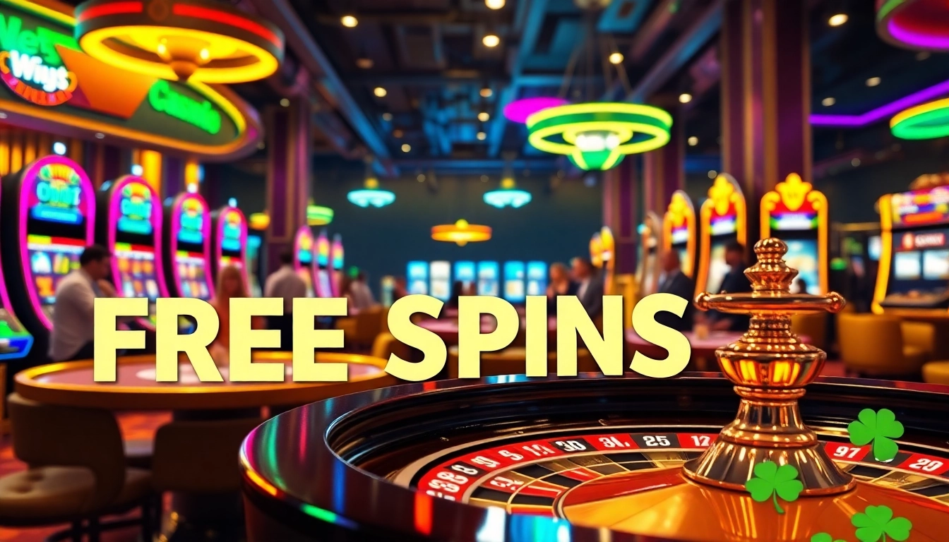 Engaging casino atmosphere emphasizing free spins bonuses with lively players and roulette table.
