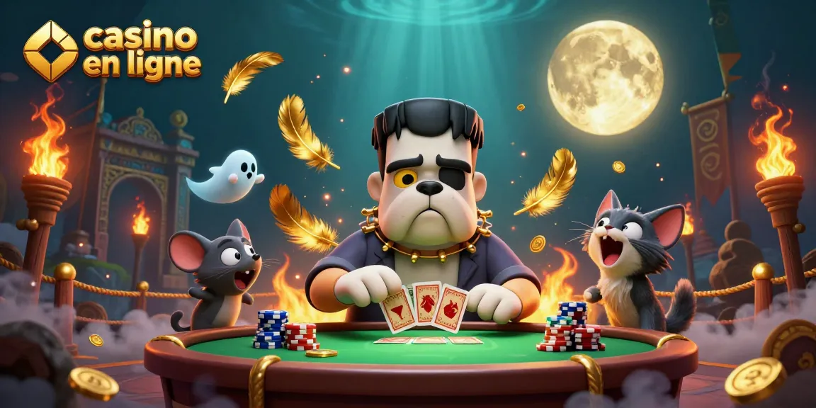 Le casino en ligne offre une expérience ludique où le bulldog Frankenstein distribue des cartes à une table mystérieuse.