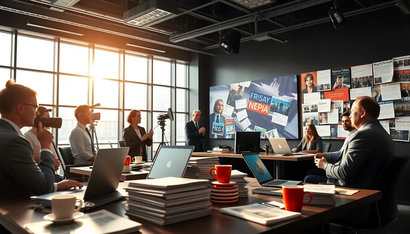 Journalists collaborating on key news stories in a vibrant newsroom environment.