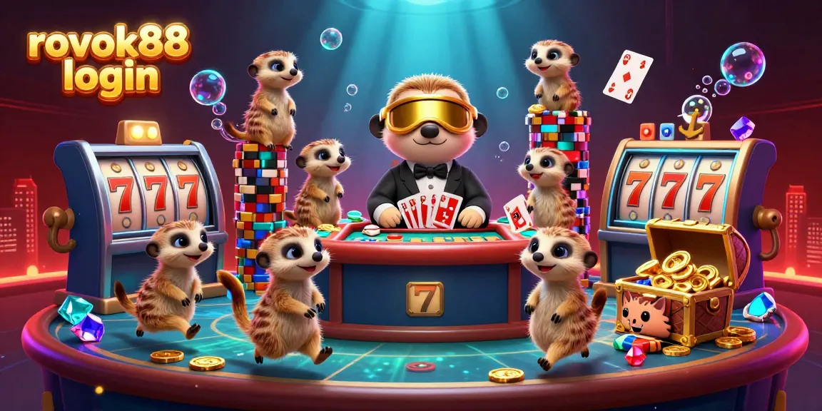 Engage with rokok88 login in a vibrant casino scene filled with meerkats and slot gaming elements.
