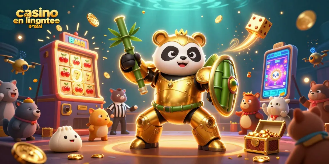 Illustration 3D de casino en ligne argent réel avec panda doré et robot de combat dans une scène animée