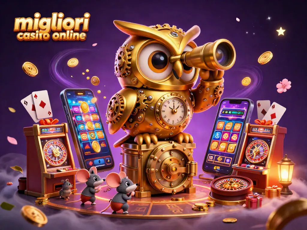 Esplora i migliori casino online con un gufo d'oro e topini tra slot scintillanti.