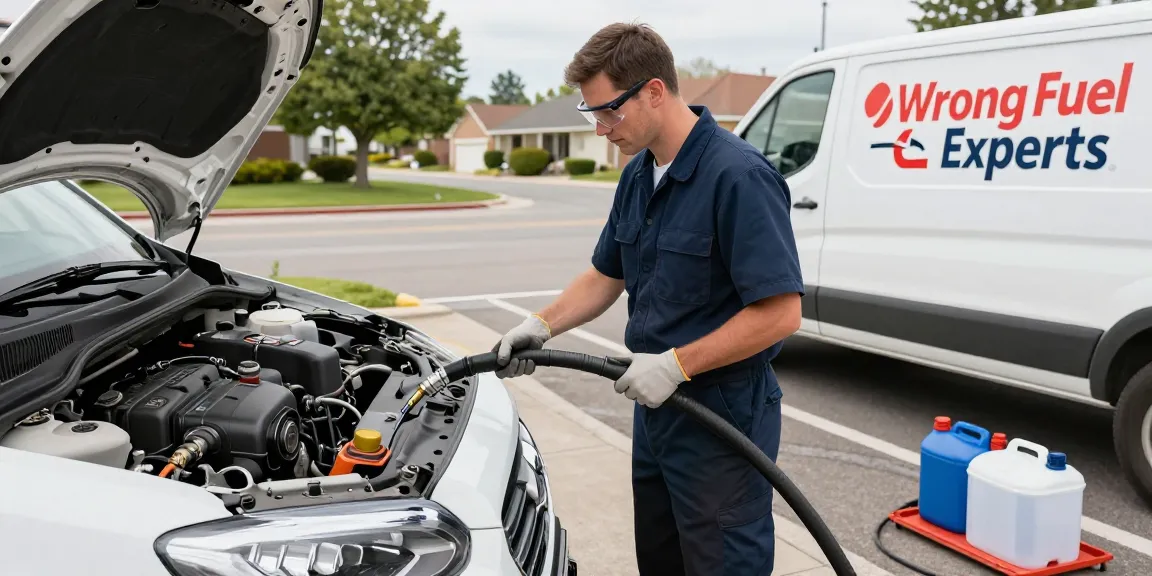 Contamination in fuel tank being addressed by a technician draining fuel safely at the roadside.