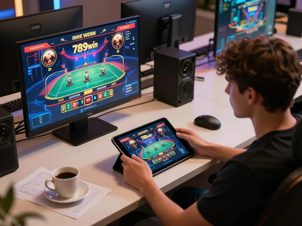 Engaging with 789win online casino on a tablet at a stylish home desk for responsible gaming.