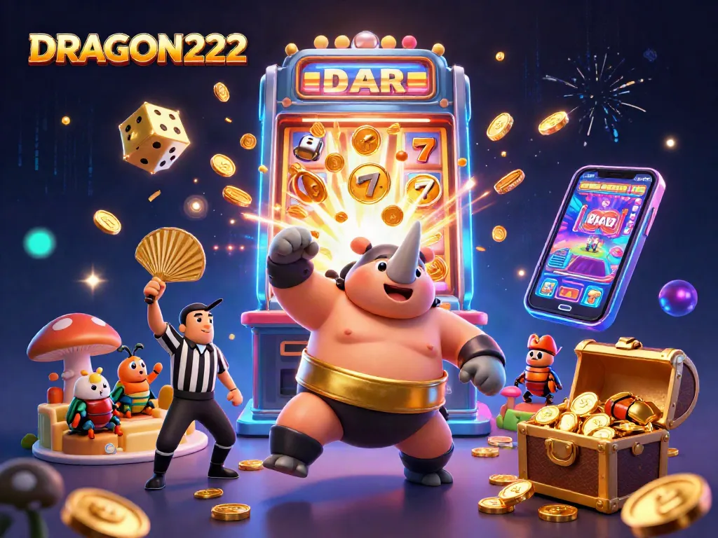Experience thrilling wins with DRAGON222 in a vibrant casino-themed scene filled with engaging characters and dazzling game symbols.