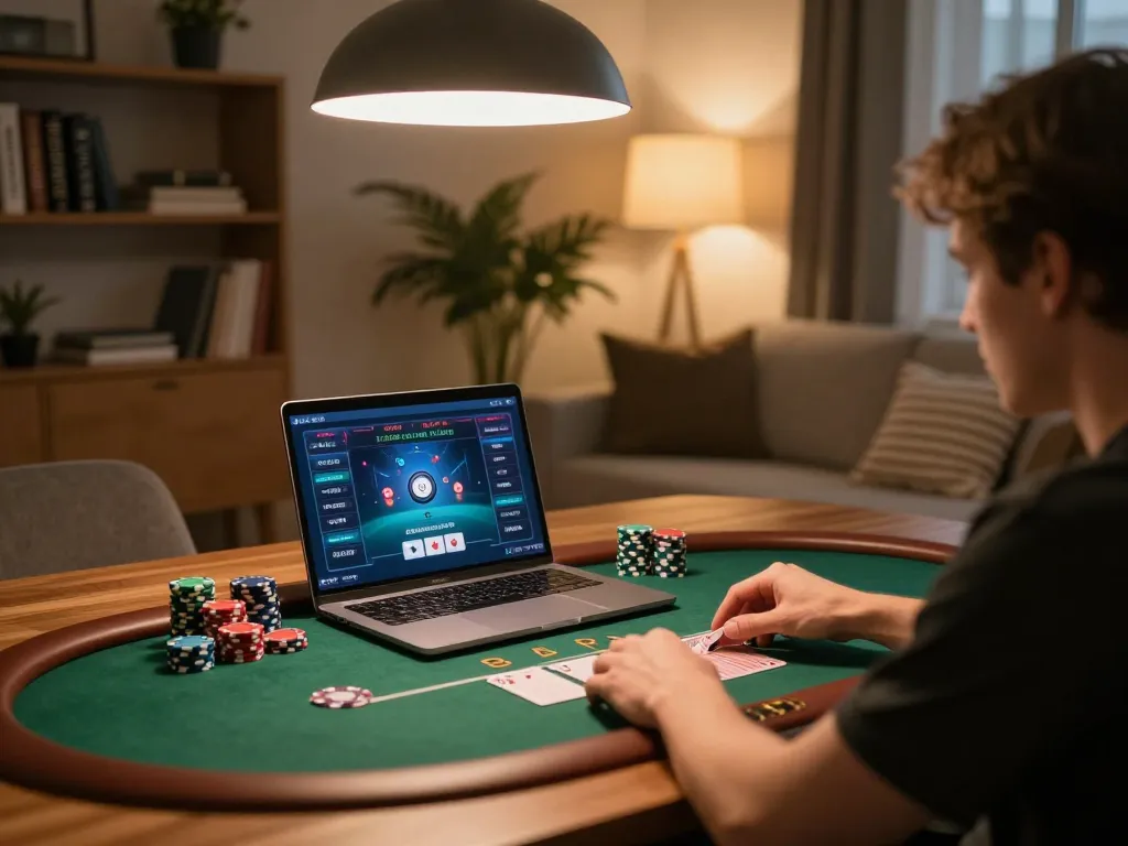Engaging in an exciting poker game on 888top's online platform from a cozy home setup