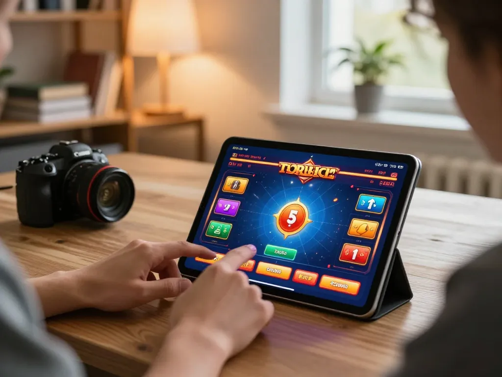 rokok88 player enjoying mobile gaming on tablet with vibrant casino app interface.