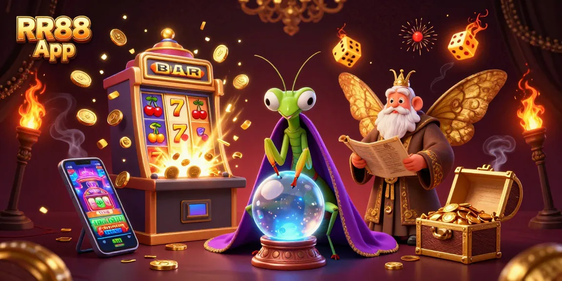 Experience the magic of the RR88 App with dynamic gaming elements bursting in a lively casino atmosphere.