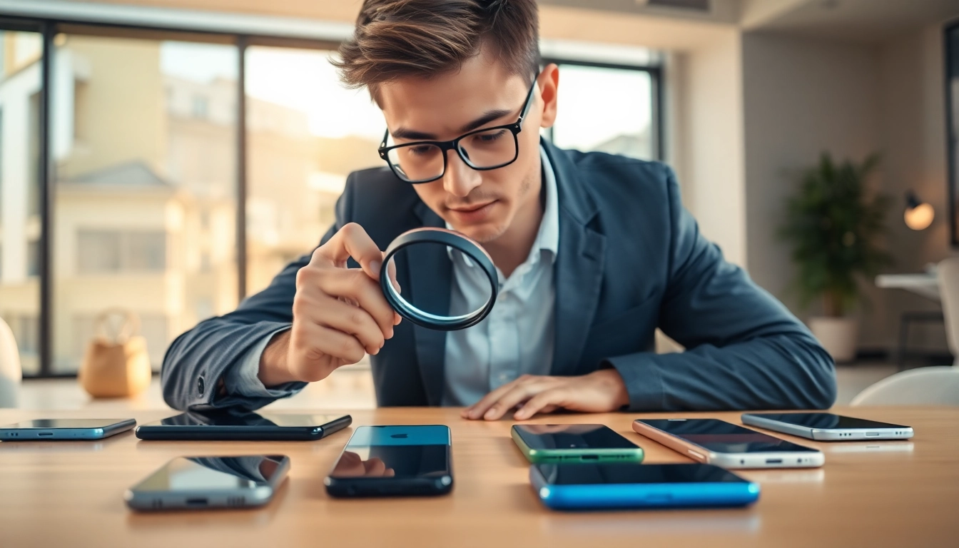 A used phone buyer thoroughly inspecting smartphones in a modern office.