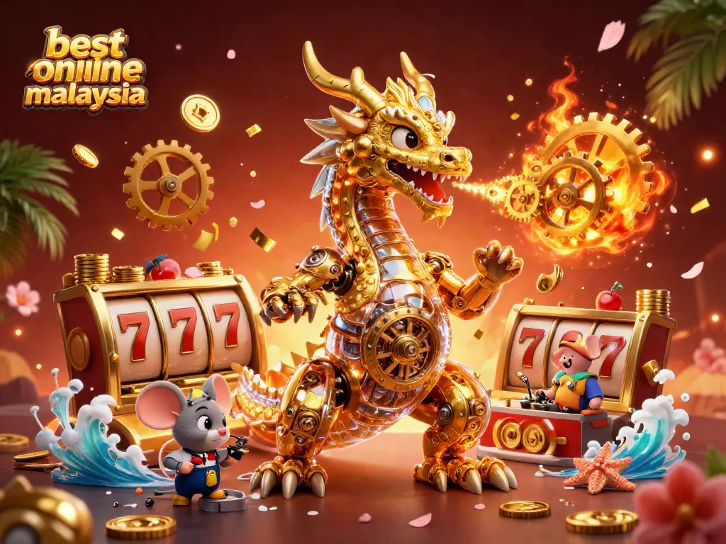 Experience the excitement of the best online casino malaysia with a dynamic scene featuring a golden dragon and vibrant game elements.