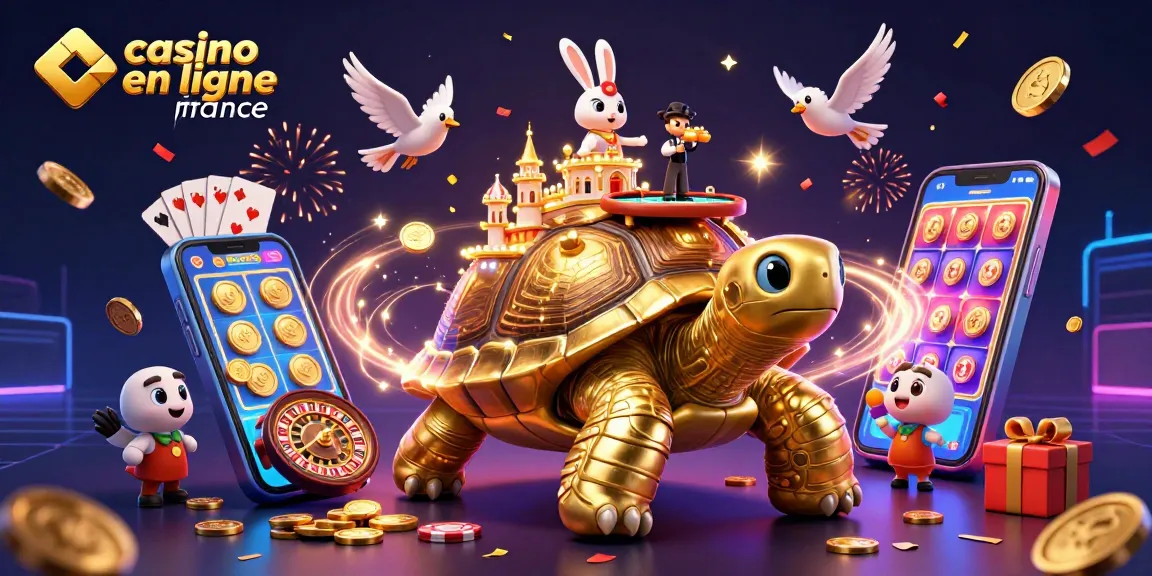 Jouez au casino en ligne France avec une tortue dorée, un croupier lapin et des pièces.