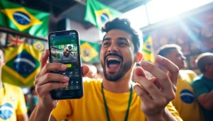 Engaged fan using the best sportsbooks in Brazil app in a lively sports bar setting.