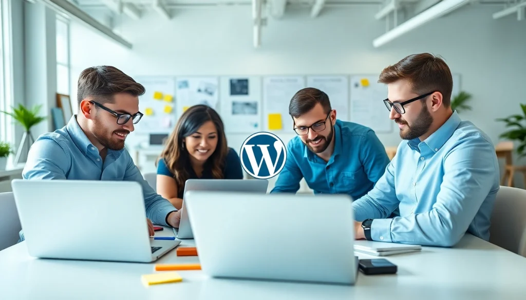 Team working on wordpress development outsourcing, showcasing a collaborative digital project.