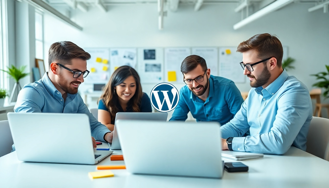 Team working on wordpress development outsourcing, showcasing a collaborative digital project.