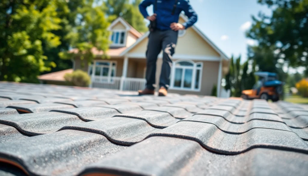 Inspecting high-quality roofing solutions on a beautiful house surrounded by greenery.