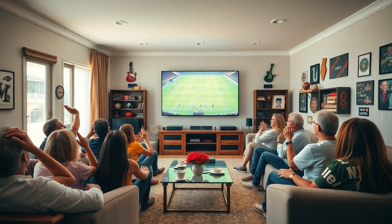 스포츠중계 중 경기를 지켜보며 응원하는 열렬한 팬들이 있는 거실