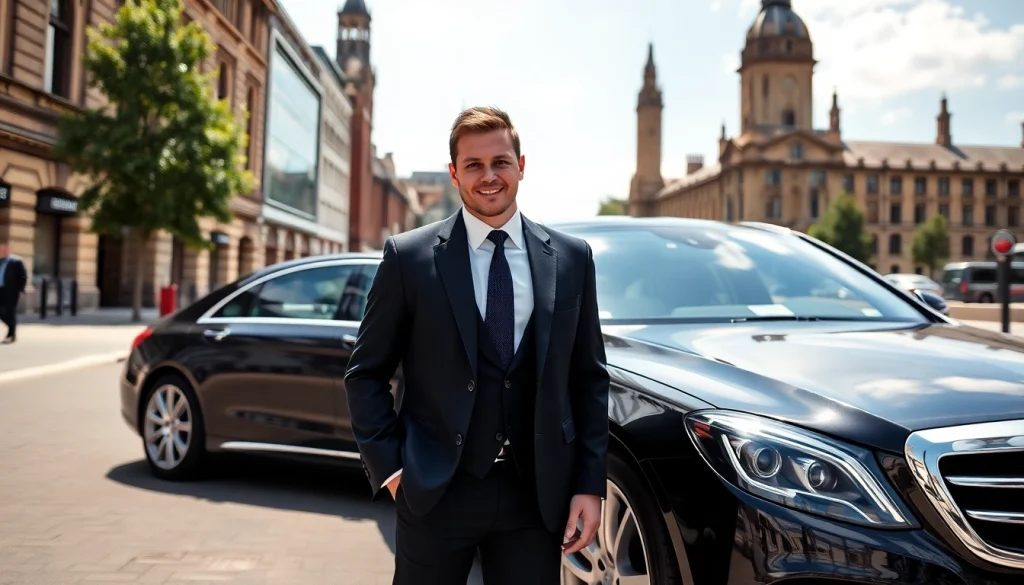 Chauffeur Nottingham standing next to a luxury vehicle in a vibrant cityscape, exuding professionalism and elegance.