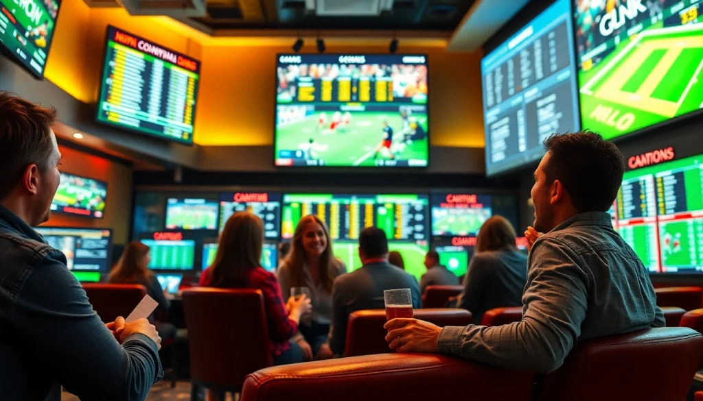 Crowd enjoying the best sports betting sites in Mexico with vibrant screens displaying live odds.