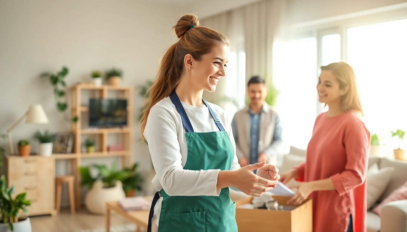 Reliable maid agency Dubai staff providing friendly service to clients in a cheerful home setting.