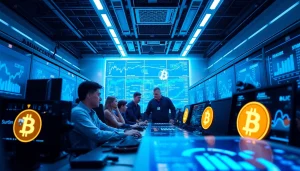 Bitcoin cloud mining operation with high-tech equipment and diverse professionals.