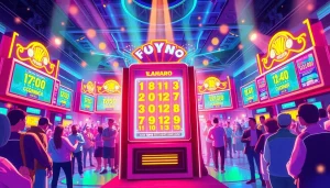 Menggambarkan hasil pengeluaran hk hari ini slot dengan mesin lotere futuristik yang meriah.