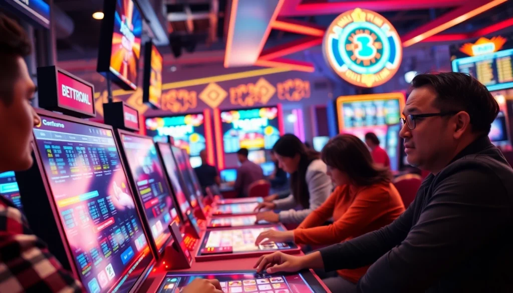 Menggambarkan suasana bandar togel online yang energik dengan permainan menarik dan pemain penuh semangat.