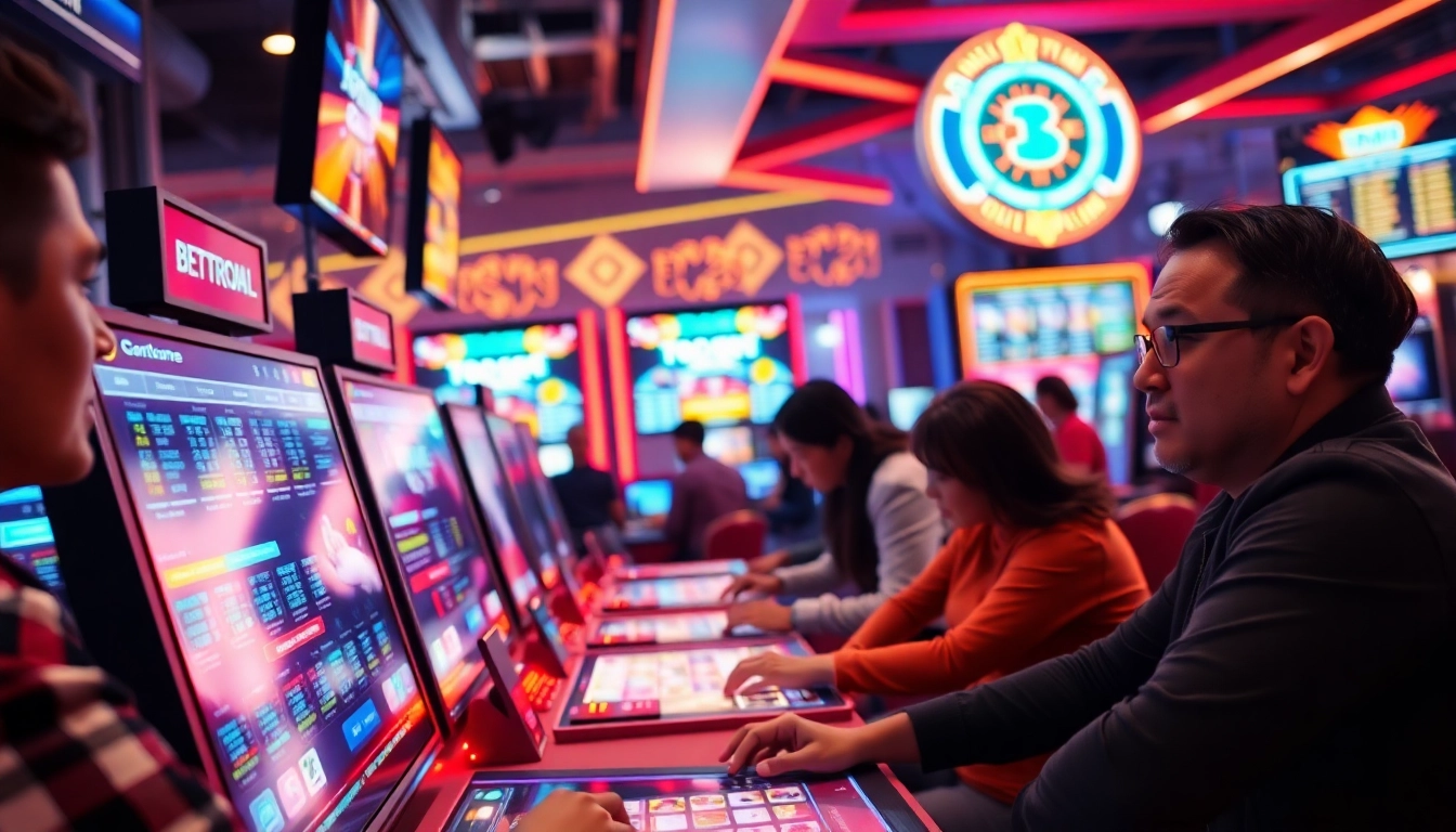 Menggambarkan suasana bandar togel online yang energik dengan permainan menarik dan pemain penuh semangat.