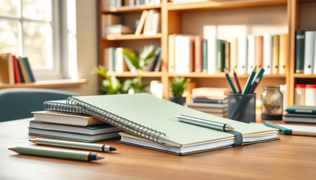 Explore beautifully organized stationery uk items on a wooden desk, featuring notebooks and pens.