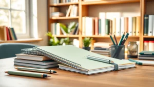 Explore beautifully organized stationery uk items on a wooden desk, featuring notebooks and pens.