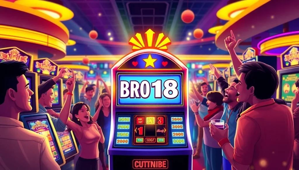 Menampilkan mesin slot bro138 slot yang ramai dengan pemain merayakan setiap kemenangan.