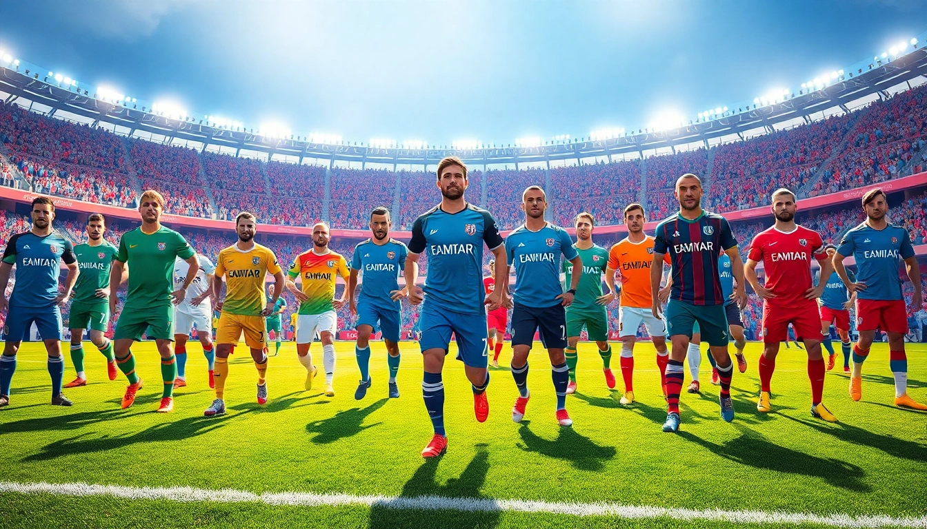 Showcasing team football kits in action, highlighting vibrant designs and energetic player movements.