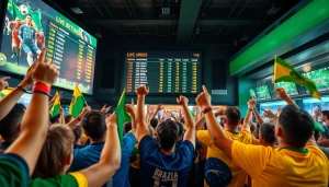Captivating atmosphere showcasing best sportsbooks in Brazil with enthusiastic fans celebrating and engaging.