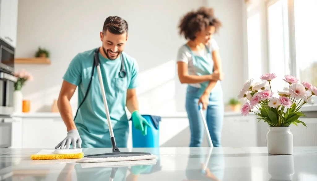 Cleaners in action showcasing a professional Cleaning Service in a bright, spotless kitchen environment.