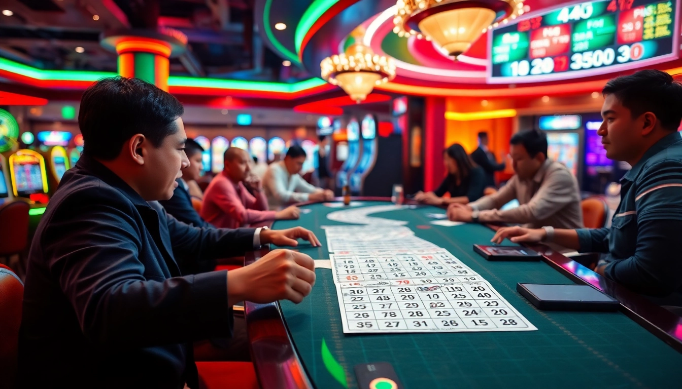 Menampilkan penggemar togel resmi yang antusias bermain di kasino berwarna-warni.