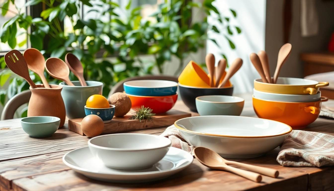 Showcase kitchenware gift ideas NZ, featuring colorful bowls, utensils, and a rustic table setting.