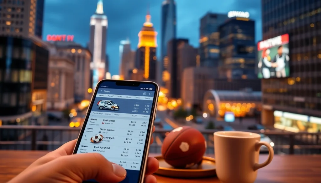 Reveal the best sports betting apps India through an engaging smartphone interface against a vibrant city backdrop.