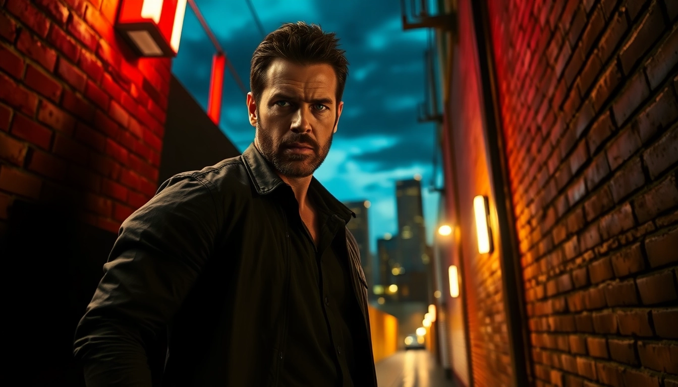 Heroic figure in a gritty urban setting for a Clean action thriller, embodying tension and determination.