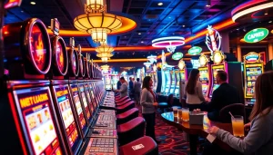 Menampilkan bandar toto 4d slot dengan pemain yang bersuka cita dalam suasana kasino yang meriah.