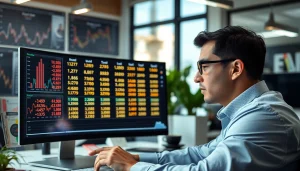 Menganalisis angka togel pada layar dengan grafik dan tiket lotere di latar belakang.