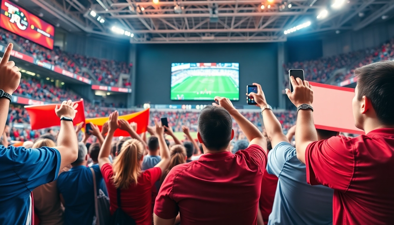 스포츠중계를 즐기고 있는 다채로운 팬들이 있는 현장