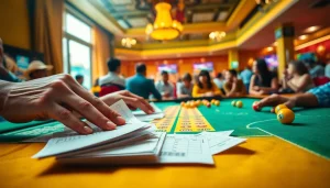 Action-packed bandar togel online scene with vibrant betting slips and lottery balls in the foreground.